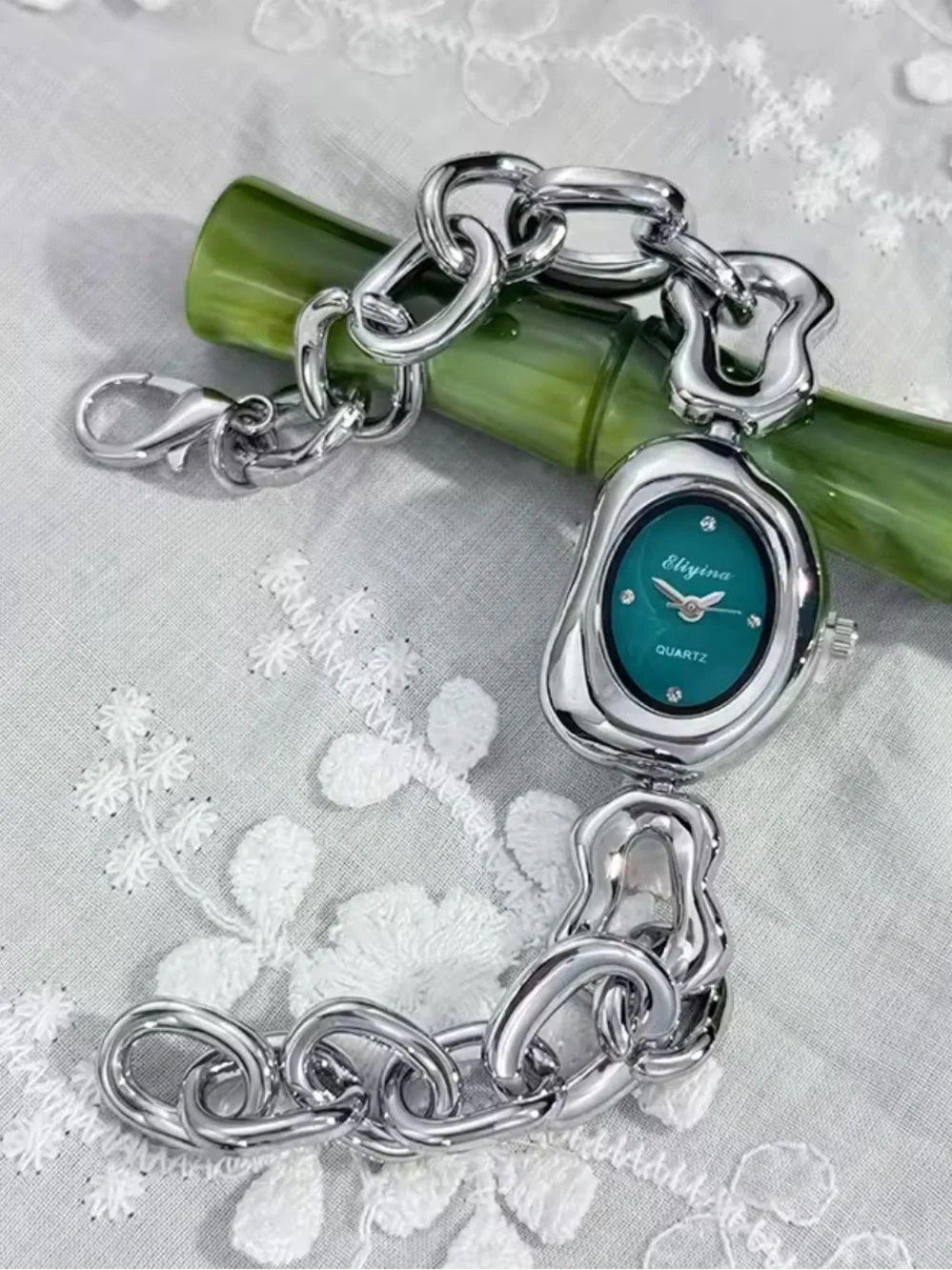 New Silver Link Bracelet Watch with Teal Dial